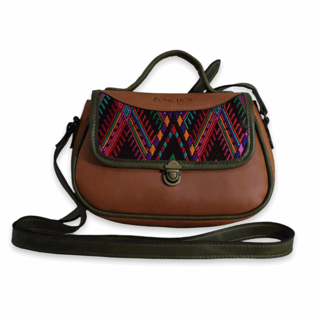 Atitlán, handcrafted leather shoulder bag, with huipil