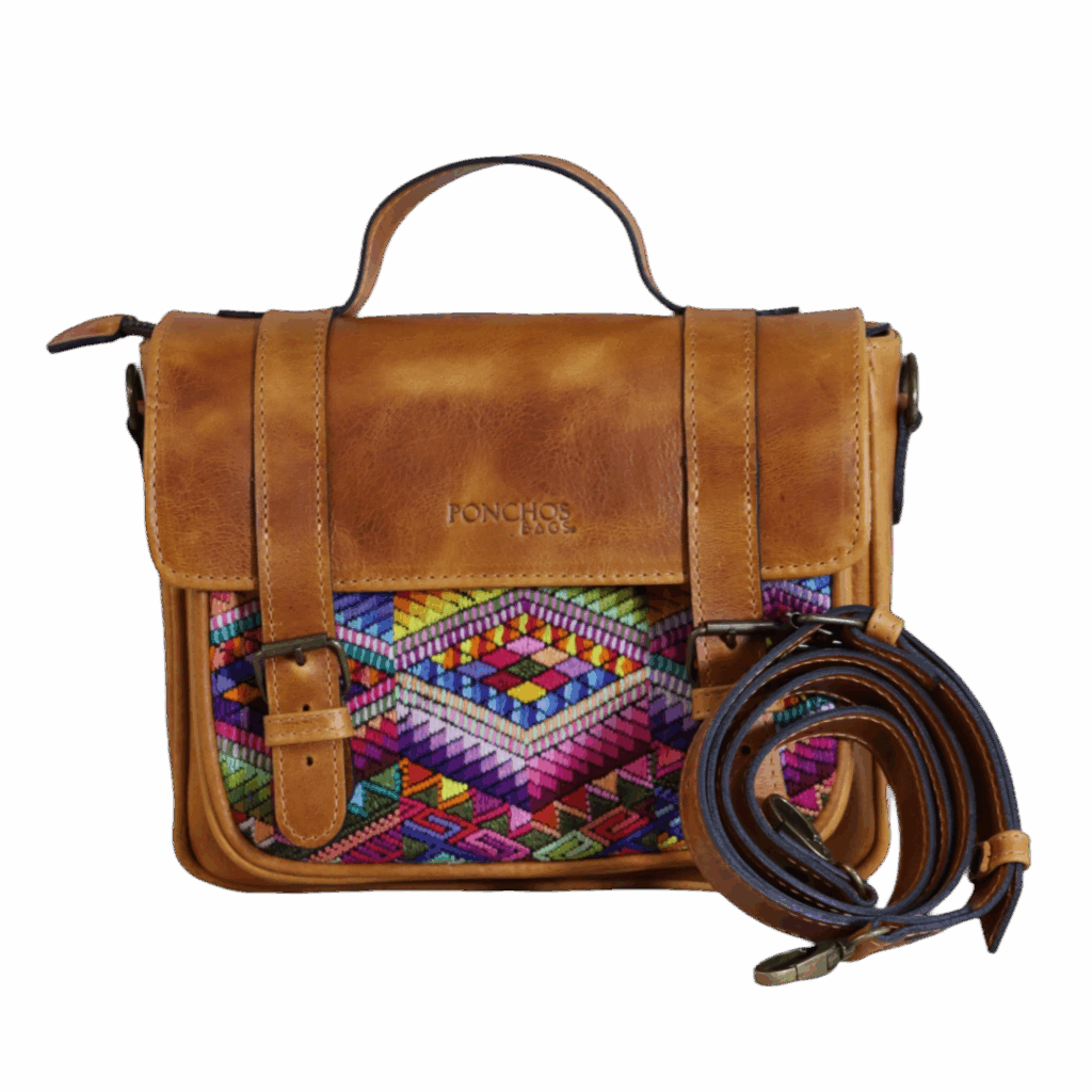 NICTE, a handmade leather shoulder bag, with a huipil