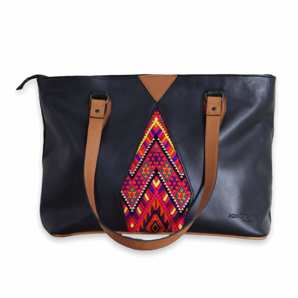 Alzatate, a handcrafted leather shoulder bag, with a huipil